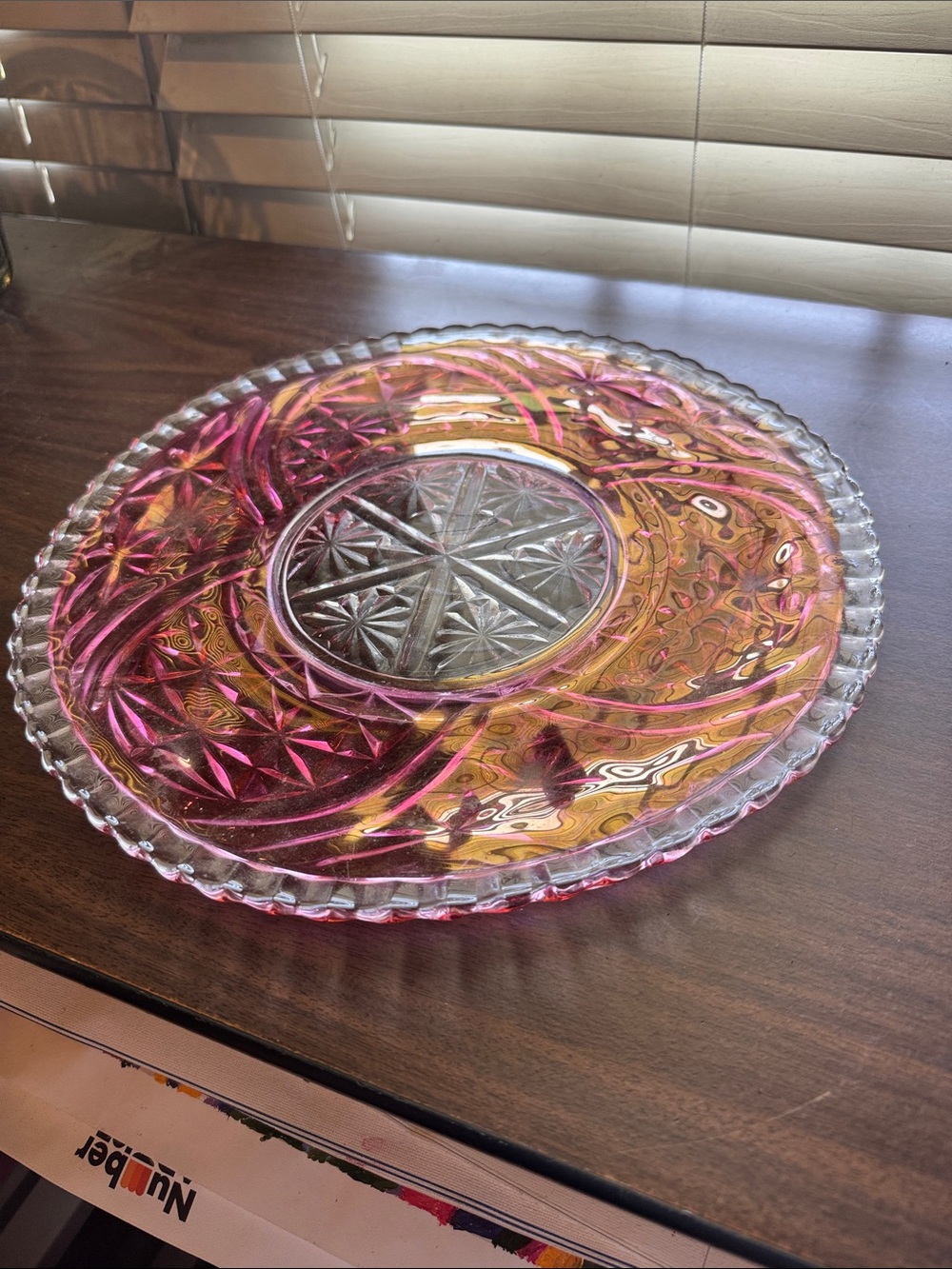 Vintage Pressed Purple/Cranberry Glass Tray with Starburst Design
